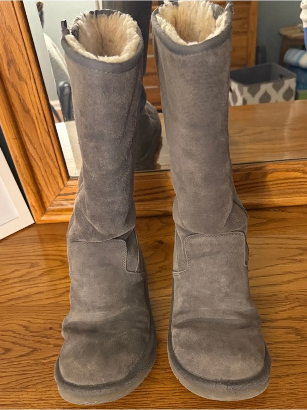 UGG Gray Suede Shearling Mid-Calf Winter Boots